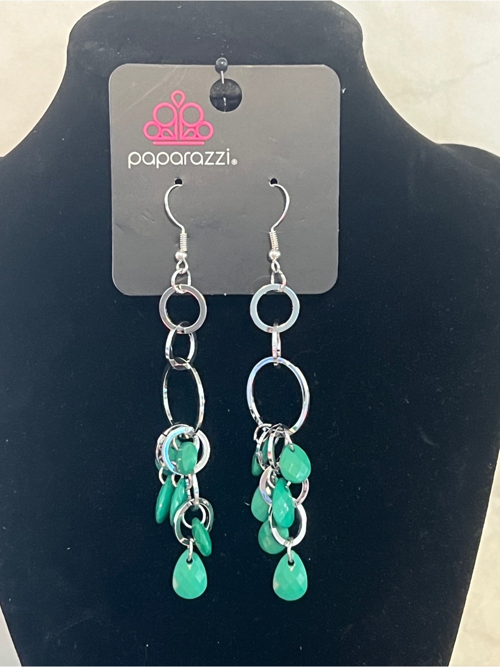 Paparazzi Silver Hoop Dangle Earrings with Green Teardrops